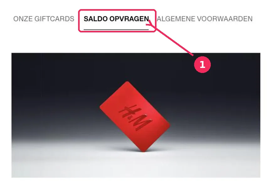 De giftcardpagina op hm.com met het tabblad saldo opvragen gemarkeerd